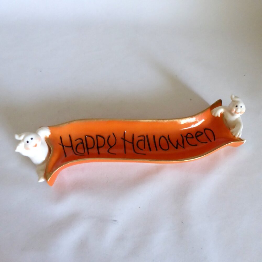 NEW VINTAGE 12” HAPPY HALLOWEEN CERAMIC RIBBON APPETIZER TRAY DISH